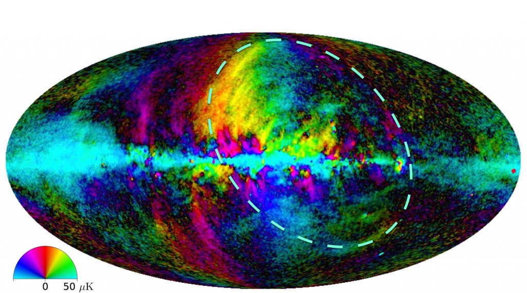 Pełna mapa nieba wykonana przez satelitę ESA. Pętla 1 zaznaczona jest przerywaną elipsą. Źródło: M. Peel / JCBA / Planck / ESA