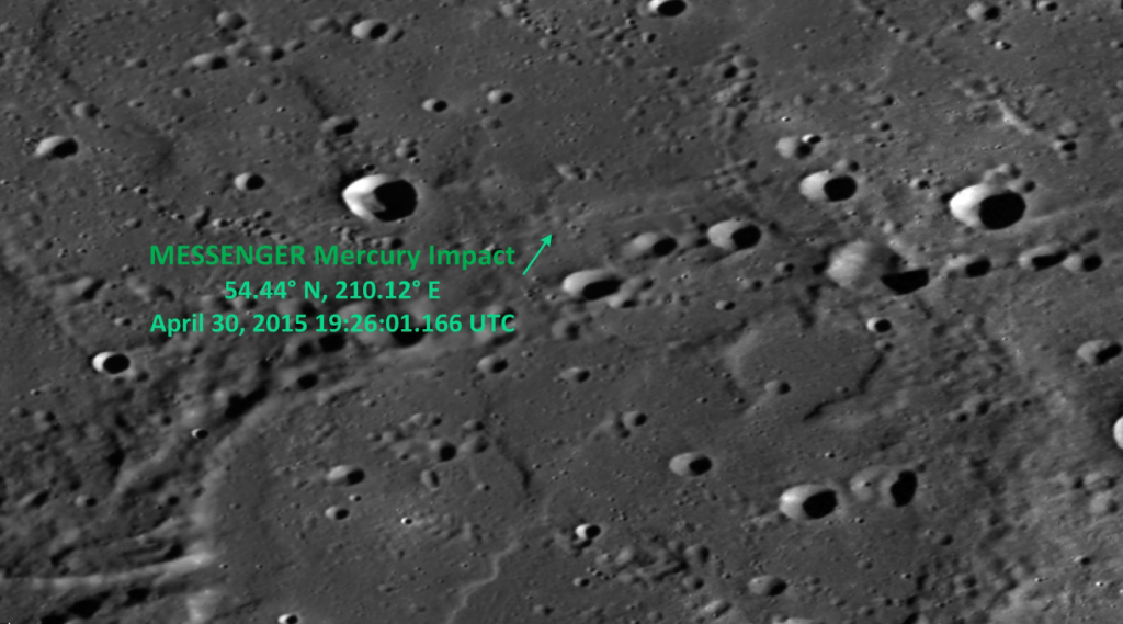 Miejsce uderzenia sondy MESSENGER w powierzchnię Merkurego. Zdjęcie ukazuje fragment powierzchni o szerokości 130 km. Źródło: Johns Hopkins University