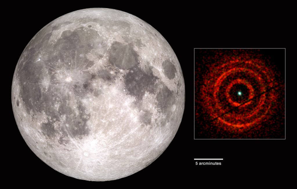 Zdjęcie V404 Cygni z satelity Swift - porównanie rozmiaru kątowego do Księżyca widzianego z Ziemi Źródło: NASA Scientific Vis Studio, Andrew Beardmore, NASA Swift