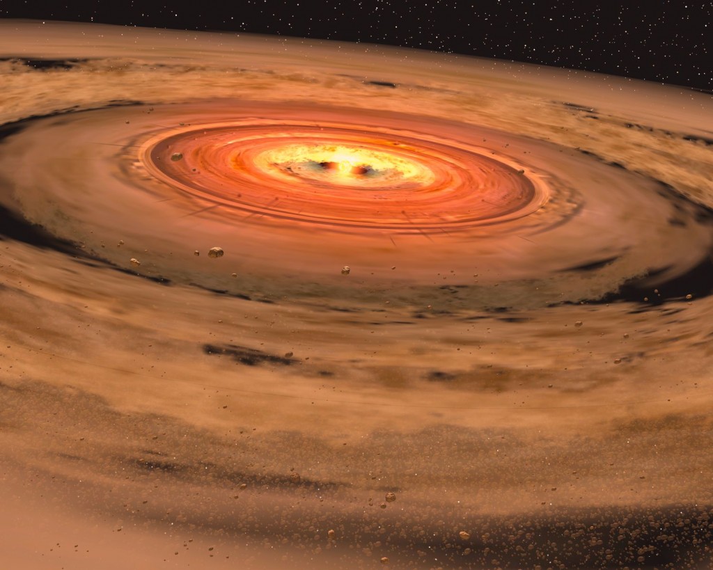A brown dwarf surrounded by a swirling disk of planet-building dust. The brown dwarf, called OTS 44, is only 15 times the size of Jupiter, making it the smallest brown dwarf known to host a planet-forming, or protoplanetary disk.