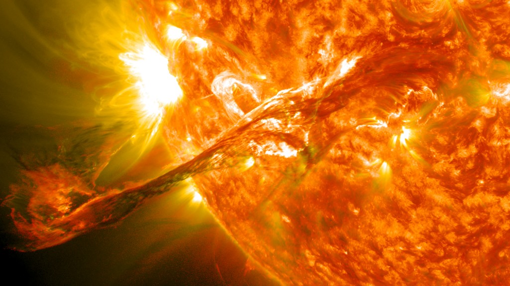 On August 31, 2012 a long filament of solar material that had been hovering in the sun's atmosphere, the corona, erupted out into space at 4:36 p.m. EDT. The coronal mass ejection, or CME, traveled at over 900 miles per second. The CME did not travel directly toward Earth, but did connect with Earth's magnetic environment, or magnetosphere, causing aurora to appear on the night of Monday, September 3.  Picuted here is a lighten blended version of the 304 and 171 angstrom wavelengths. Cropped Credit: NASA/GSFC/SDO NASA image use policy. NASA Goddard Space Flight Center enables NASA’s mission through four scientific endeavors: Earth Science, Heliophysics, Solar System Exploration, and Astrophysics. Goddard plays a leading role in NASA’s accomplishments by contributing compelling scientific knowledge to advance the Agency’s mission. Follow us on Twitter Like us on Facebook Find us on Instagram