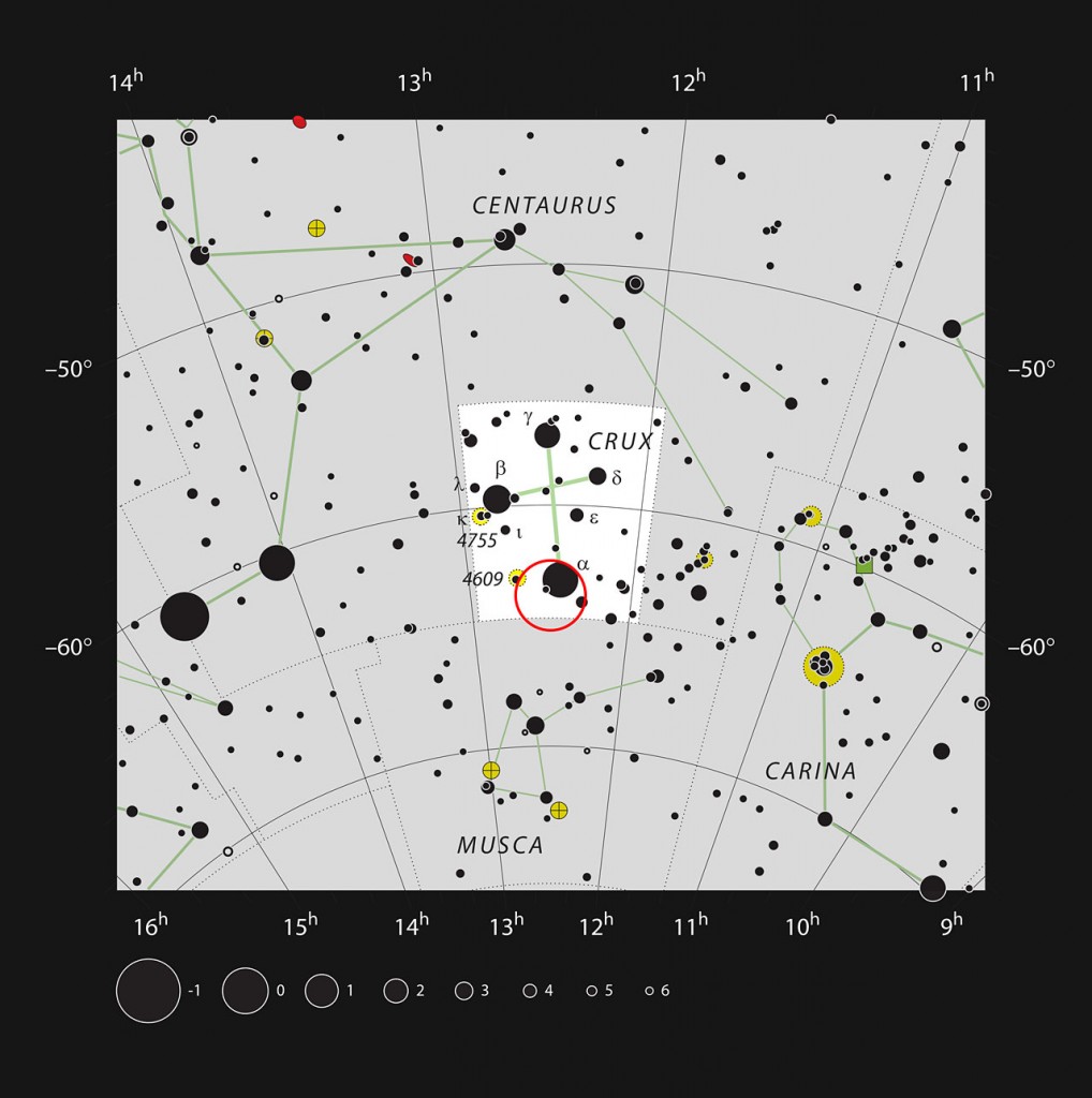 This chart of the famous small constellation of Crux (The Southern Cross) shows all the stars that can be seen with the naked eye on a clear dark night. This constellation and its neighbours are also home to the huge dark nebula called the Coalsack, which can be easily seen without a telescope as a dark area superposed on the glow of the Milky Way. The location of a particularly dark part of this cloud, which has been imaged in detail using the Wide Field Imager on the MPG/ESO 2.2-metre telescope, is marked with a red circle.