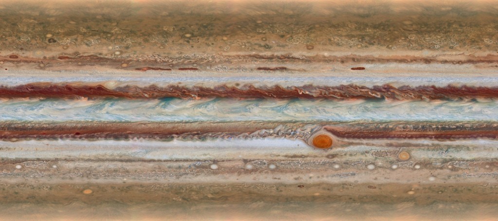 This new image from the largest planet in the Solar System, Jupiter, was made during the Outer Planet Atmospheres Legacy (OPAL) programme. The images from this programme make it possible to determine the speeds of Jupiter’s winds, to identify different phenomena in its atmosphere and to track changes in its most famous features. The map shown was observed on 19 January 2015, from 2:00 UT to 12:30 UT.